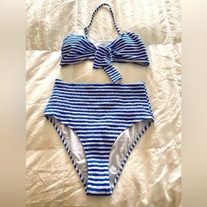 Blue and White Striped High Waisted Bikini